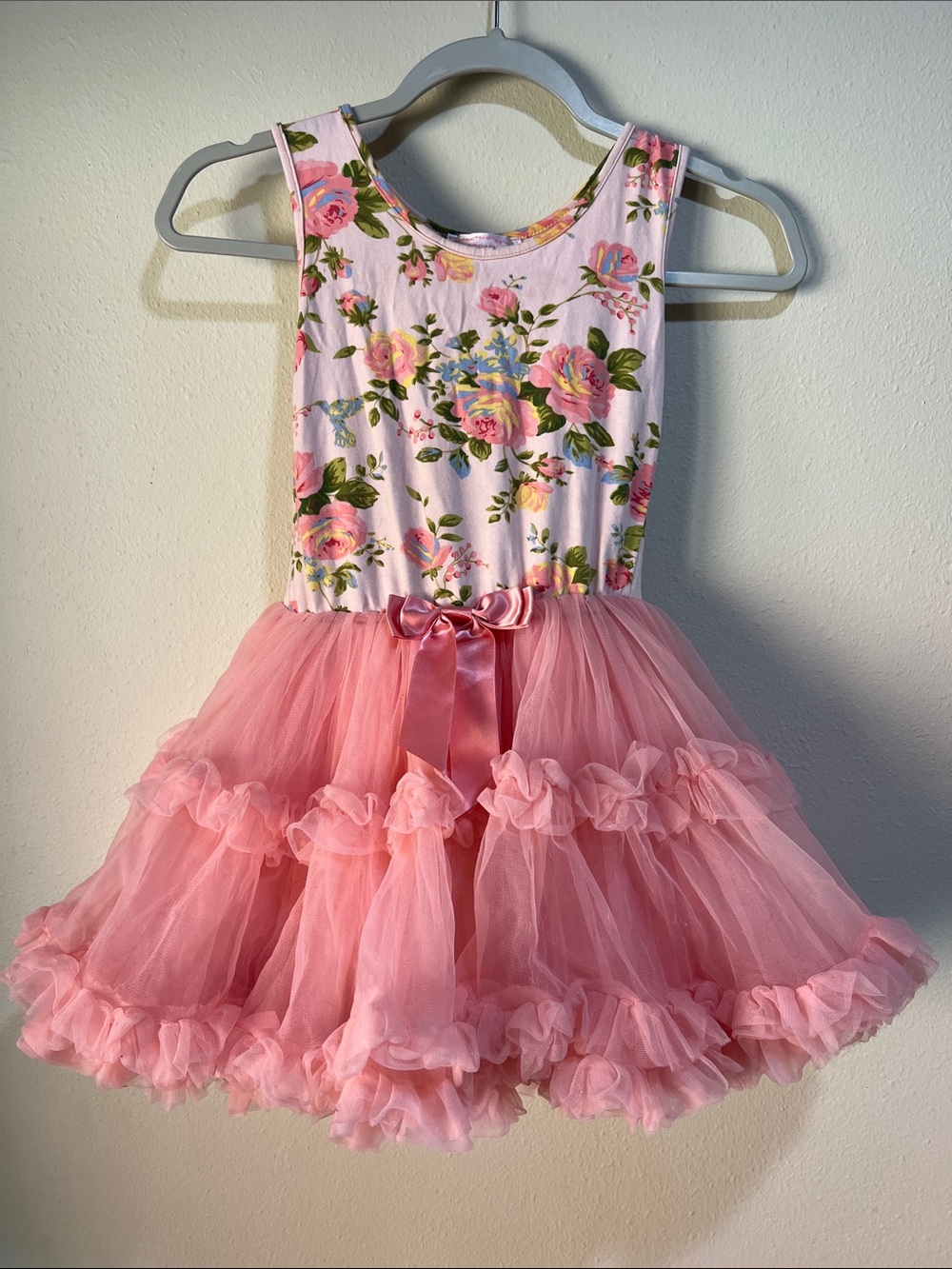 Popatu Floral Pink Tulle Dress with Satin Bow